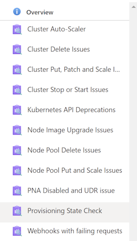 Screenshot of the Provisioning State Check option in an AKS cluster page.