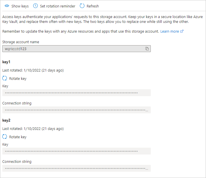 Screenshot that shows the Access key pane.