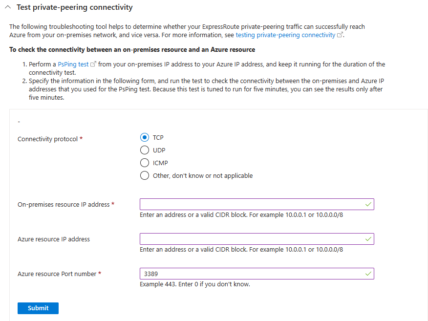 Screenshot of the private peering connectivity test form in Azure portal diagnostics.