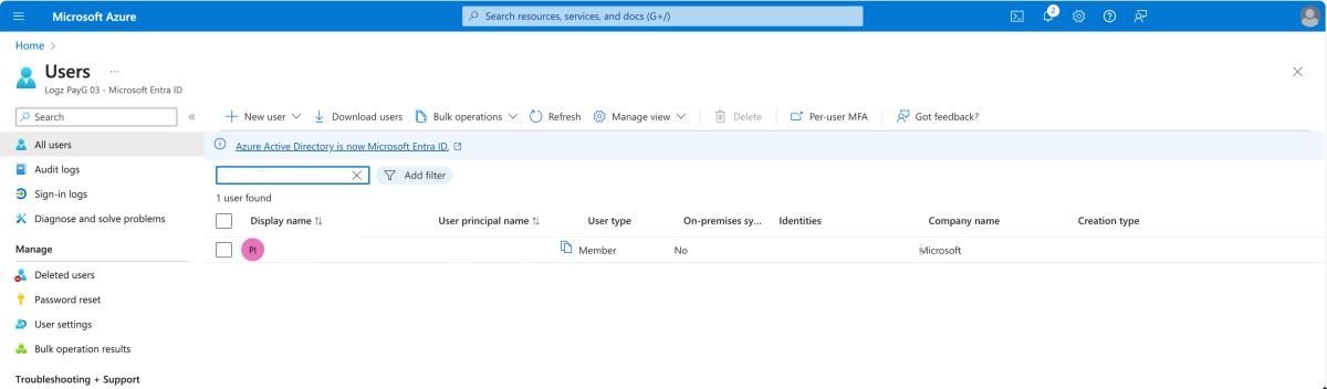 Screenshot that shows searching for the username in the Azure portal.
