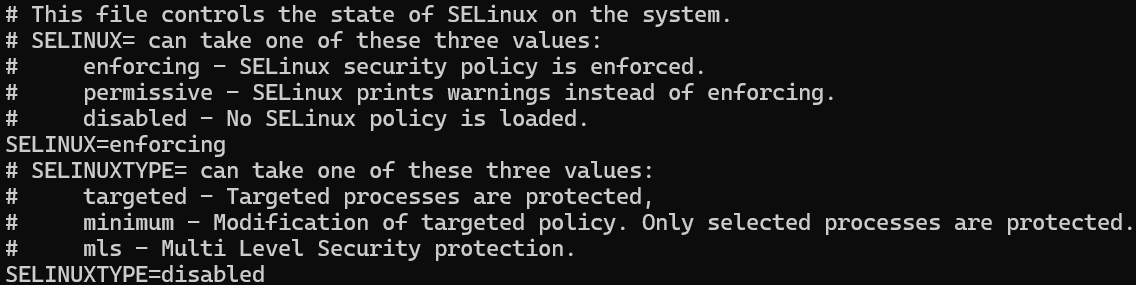 Screenshot of /etc/selinux/config with SELINUXTYPE incorrectly set to disabled.
