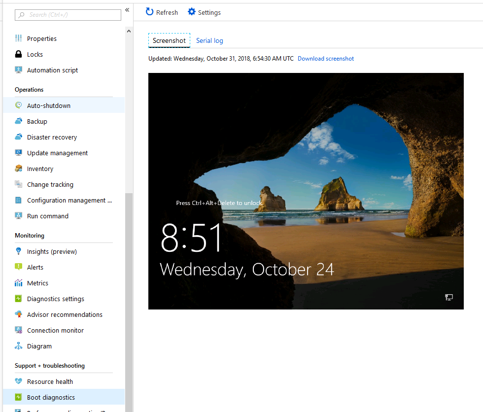 Screenshot of the Screenshot tab in the Boot diagnostics page of Azure portal.