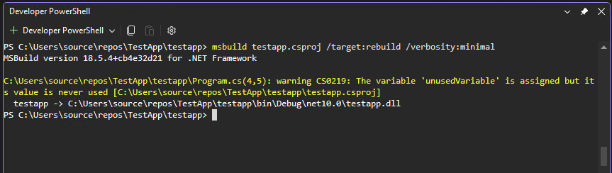 Screenshot that shows MSBuild output with a rule violation in a Developer Command Prompt.