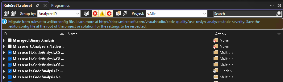 Screenshot that shows a rule set file open in the rule set editor.