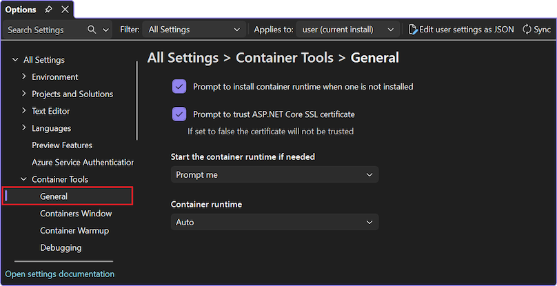 Screenshot of Visual Studio Container Tools options.