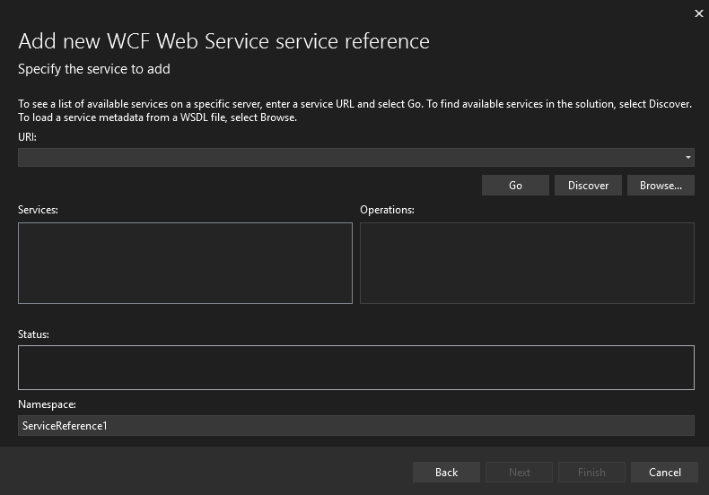 Screenshot of WCF Web Service reference dialog in Visual Studio.