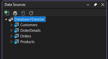 Screenshot of the Data Sources Window, populated with database objects.