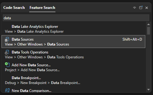 Screenshot of Data Sources in the search box.