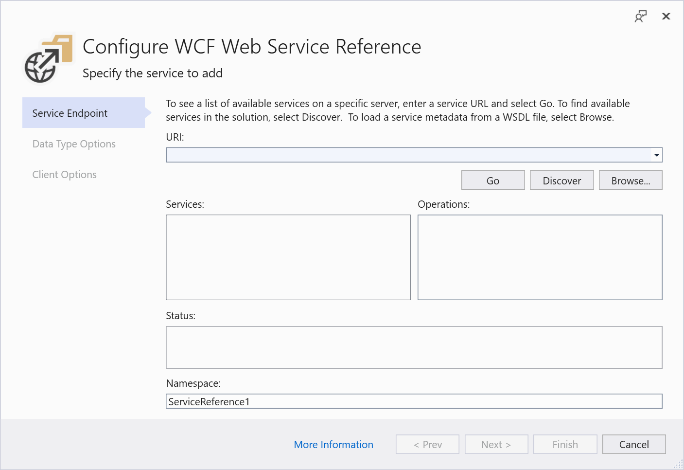Screenshot of WCF Web Service Provider dialog box.