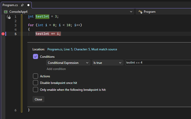 Breakpoint Is true Screenshot that shows a breakpoint with a condition of Is true.