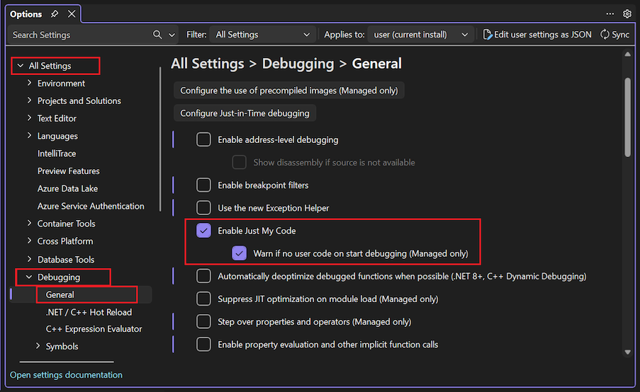 Screenshot that shows how to select the Enable Just My Code option in Visual Studio.