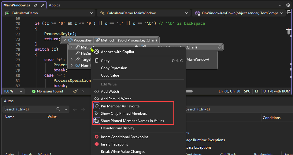 Screenshot of the right-click menu for members in a data tip in Visual Studio.