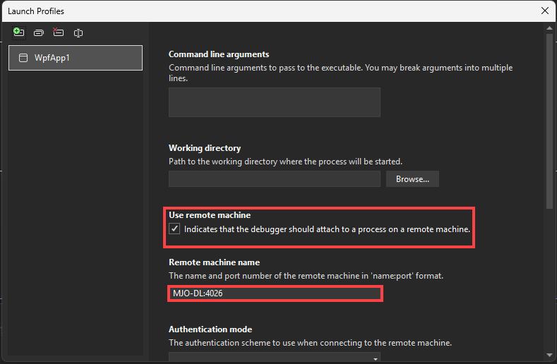 Screenshot of the Debug launch profile UI in the Visual Studio Project Properties for C# and .NET.