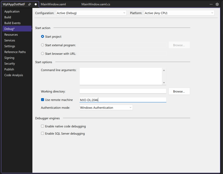 Screenshot of the Debug tab in the Visual Studio Project Properties. The Use remote machine property is set to 'MJO-DL:4026'.