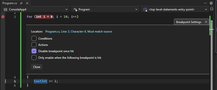 Screenshot that shows a temporary breakpoint.