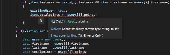 Screenshot showing the type conversion error in Visual Studio.