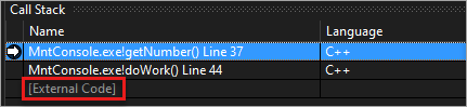 External Code frame Screenshot of External Code in the Call Stack window.