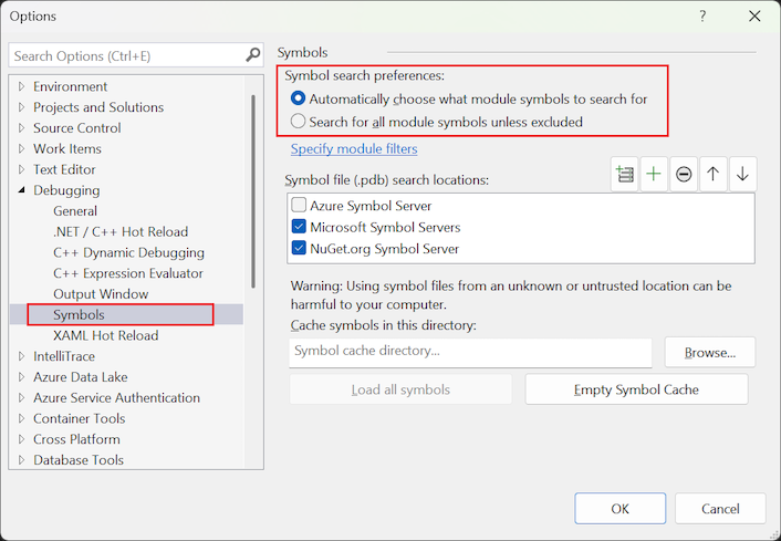 Screenshot that shows how to select and configure the Symbol search preferences option.