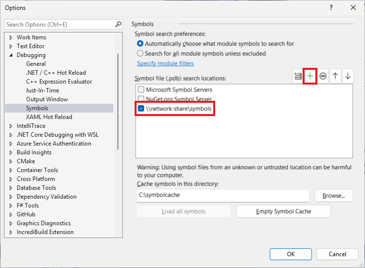 Screenshot that shows how to add a new symbol server location.