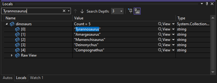 Screenshot of Search in Locals Window.