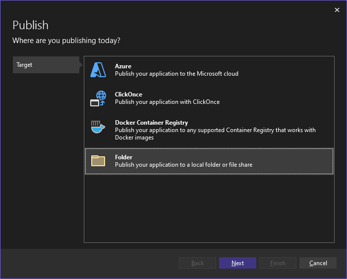 Choose Folder Choose folder as a publish target