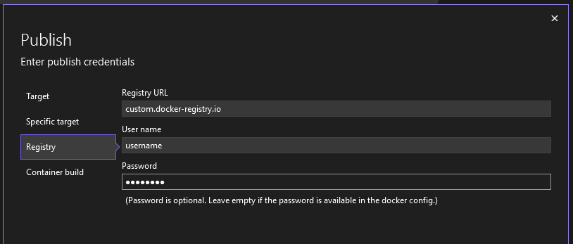 Screenshot showing the option to publish to another Docker Container Registry.