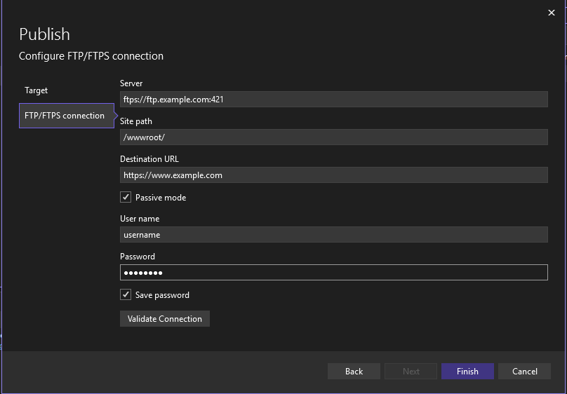 Screenshot showing the Publish wizard screen to publish to FTP or FTPS Server.