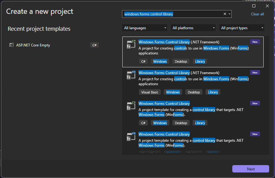 Screenshot of the Windows Forms Control Library template in Visual Studio.