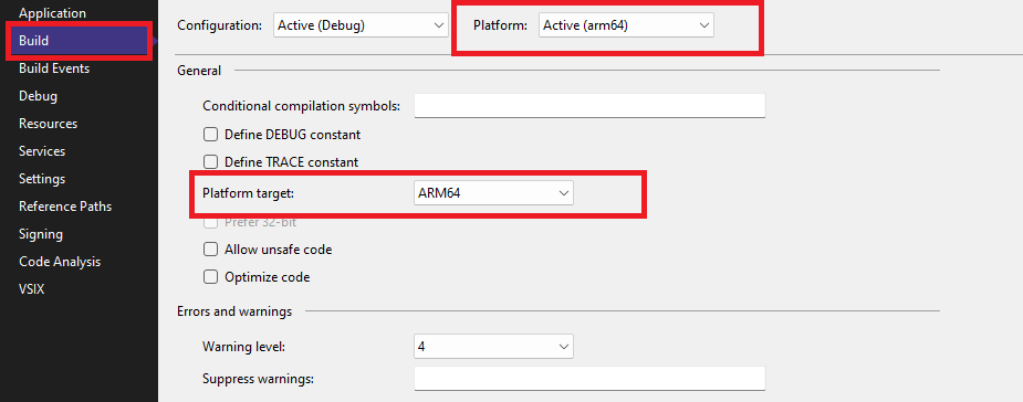 Screenshot that shows building arm64 project.