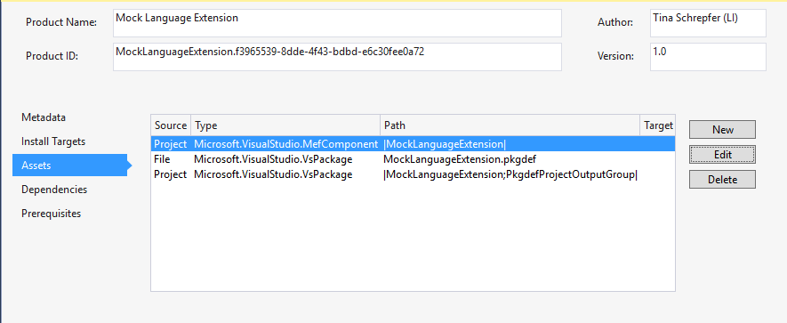 Screenshot showing the VSIX manifest designer.