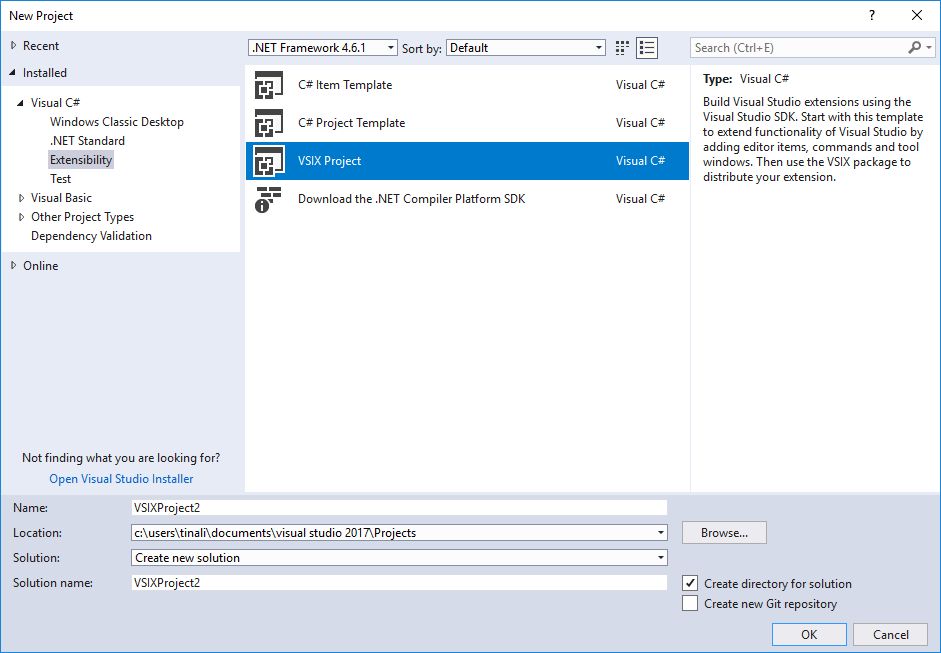Screenshot showing how to create a VSIX project.