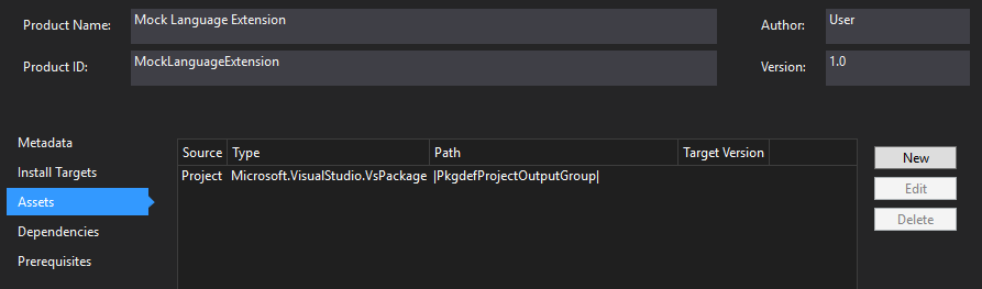 Screenshot showing the VSIX manifest designer in Visual Studio.