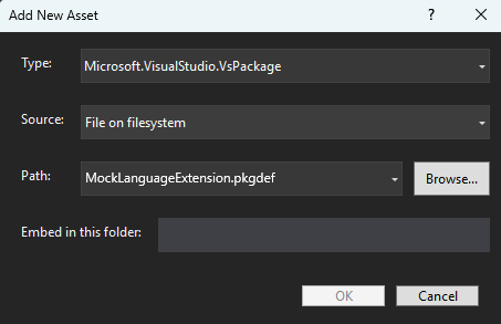 Screenshot showing how to edit vspackage asset in Visual Studio.