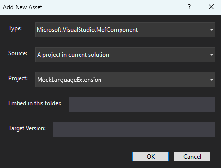 Screenshot showing how to add MEF asset in Visual Studio.