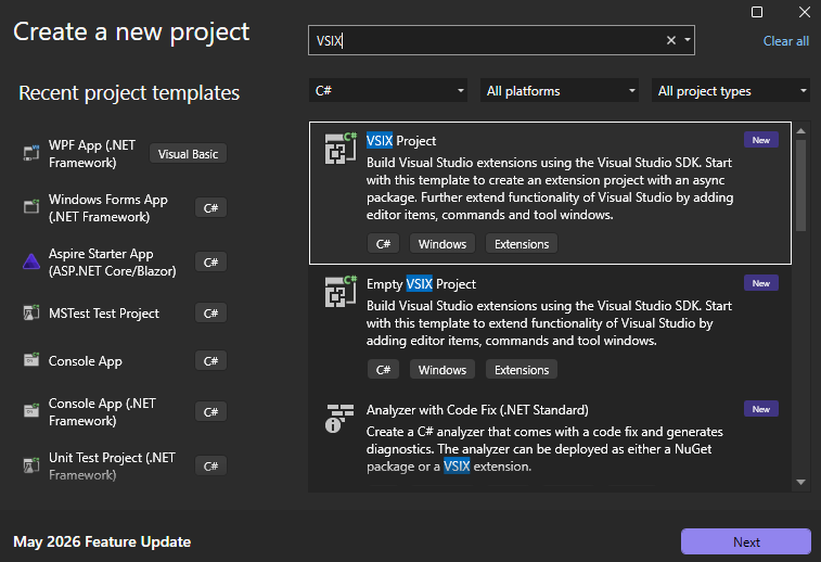 Screenshot showing how to create a VSIX project in Visual Studio.