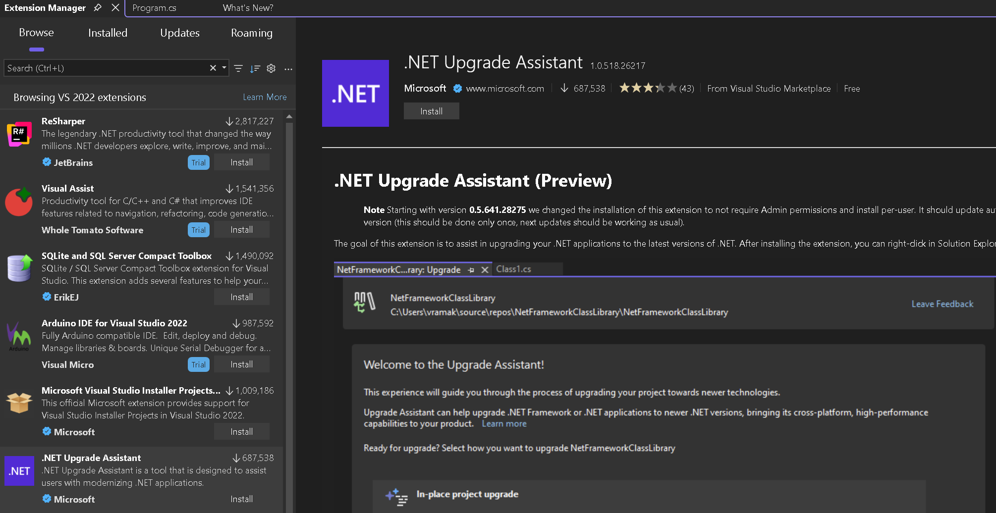 Screenshot of Visual Studio Extension Manager.