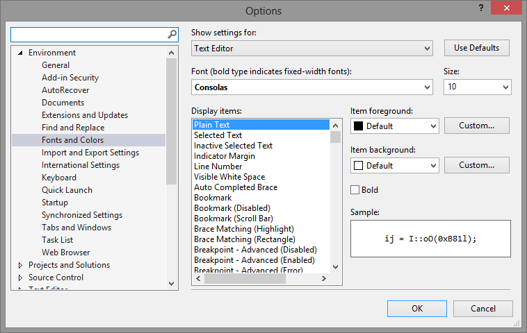 Tools > Options dialog