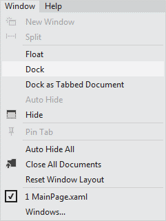 Window management commands in the Visual Studio Window menu