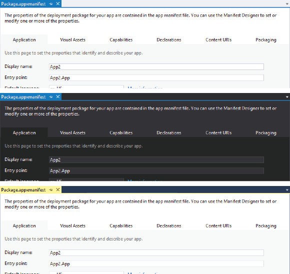 Manifest Designer in Light (top), Dark (center), and Blue (bottom) themes