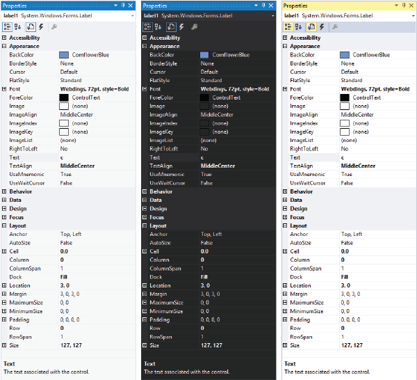 Properties grid in Light (left), Dark (center), and Blue (right) themes