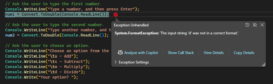 Screenshot that shows an unhandled format error in the Visual Studio Code editor.