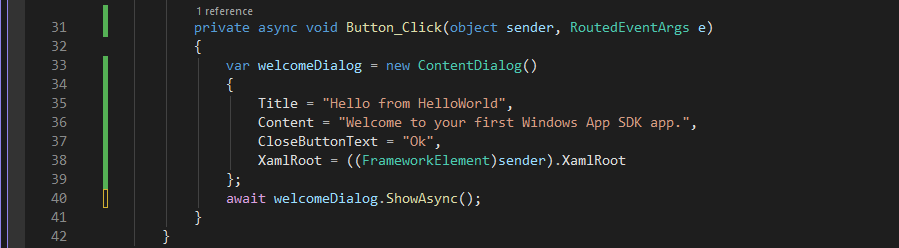 Screenshot showing the C# code for the new async myButton_Click event handler.