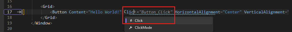 Screenshot showing the XAML code for the Button in the XAML editor with the click event of the button highlighted.