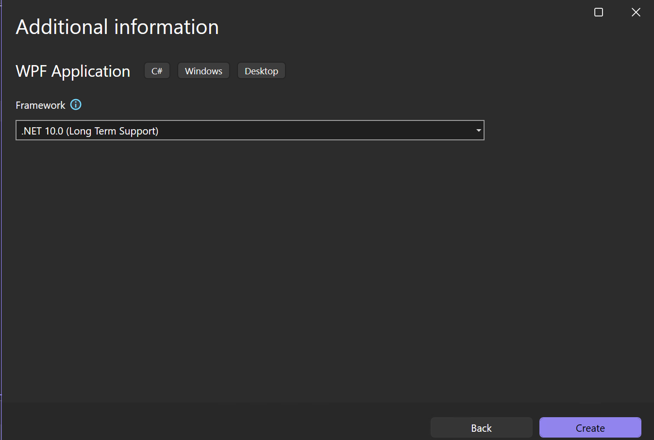 Screenshot that shows the Additional information window with .NET 10.0 selected as the target framework for the new project.