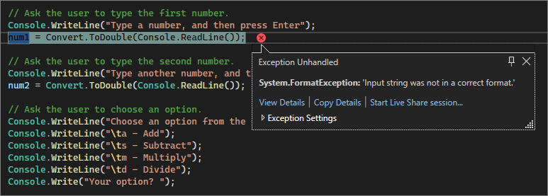 Screenshot that shows an unhandled format error in the Visual Studio Code editor.