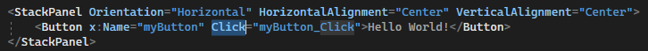 Screenshot showing the XAML code for the Button in the XAML editor in Visual Studio 2022 with the click event of the button highlighted.