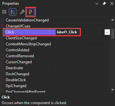 Screenshot of the Properties window showing Click event in Visual Studio.