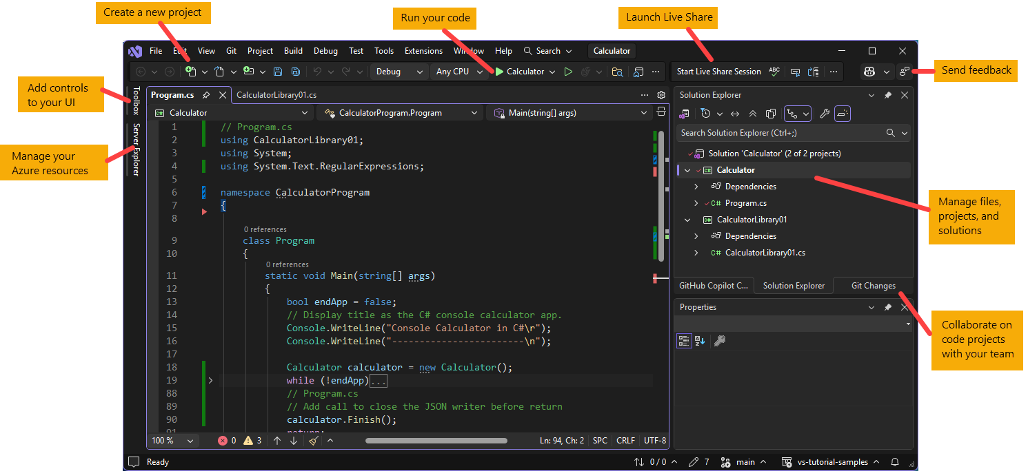 Screenshot showing the Visual Studio 2026 IDE, with callouts indicating the location of key features and functionality.