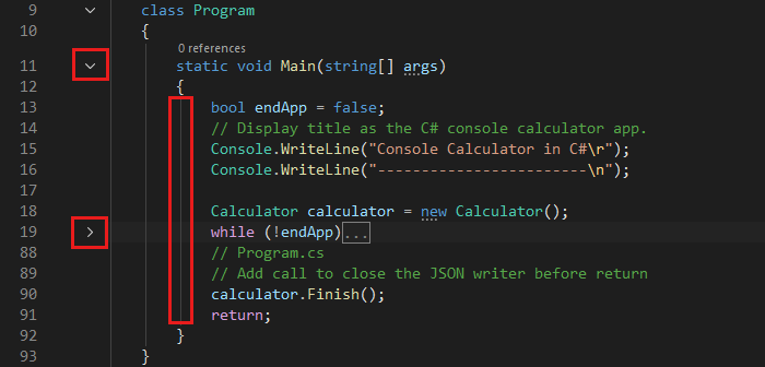 Screenshot that shows the Visual Studio IDE with red boxes.