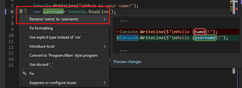 Screenshot that shows the Rename action in Visual Studio.